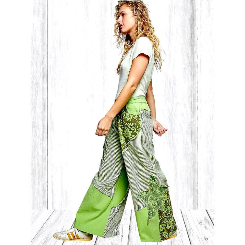 POL Striped Floral Patchwork Wide Leg Pants Green Boho Star Patch Palazzo NEW - Picture 3 of 12